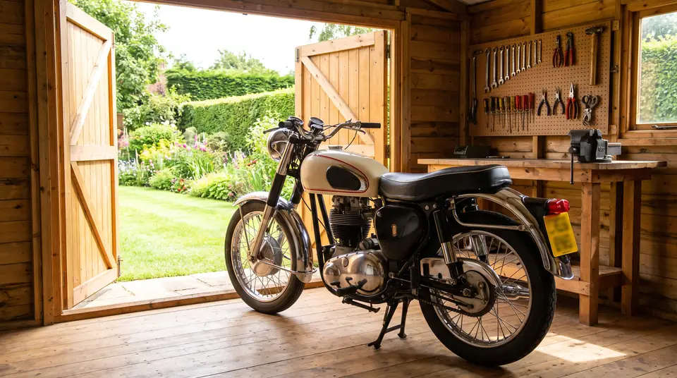 A cream classic motorcycle parked in a timber garden workshop with the doors open to the garden